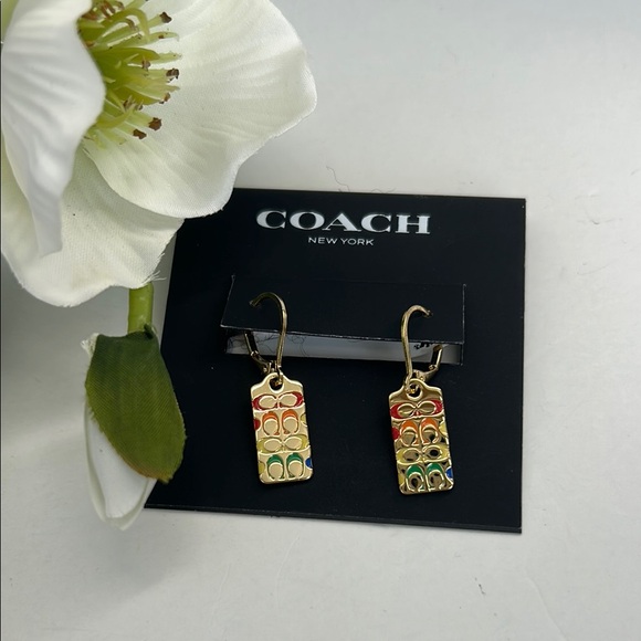 Coach Gold Dangle Earrings with Red,Orange,Yellow,Green “C’s” NWT! - Picture 4 of 13
